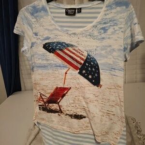 Onque Large Striped American Flag Rhinestone Patriotic Crew Neck T-Shirt